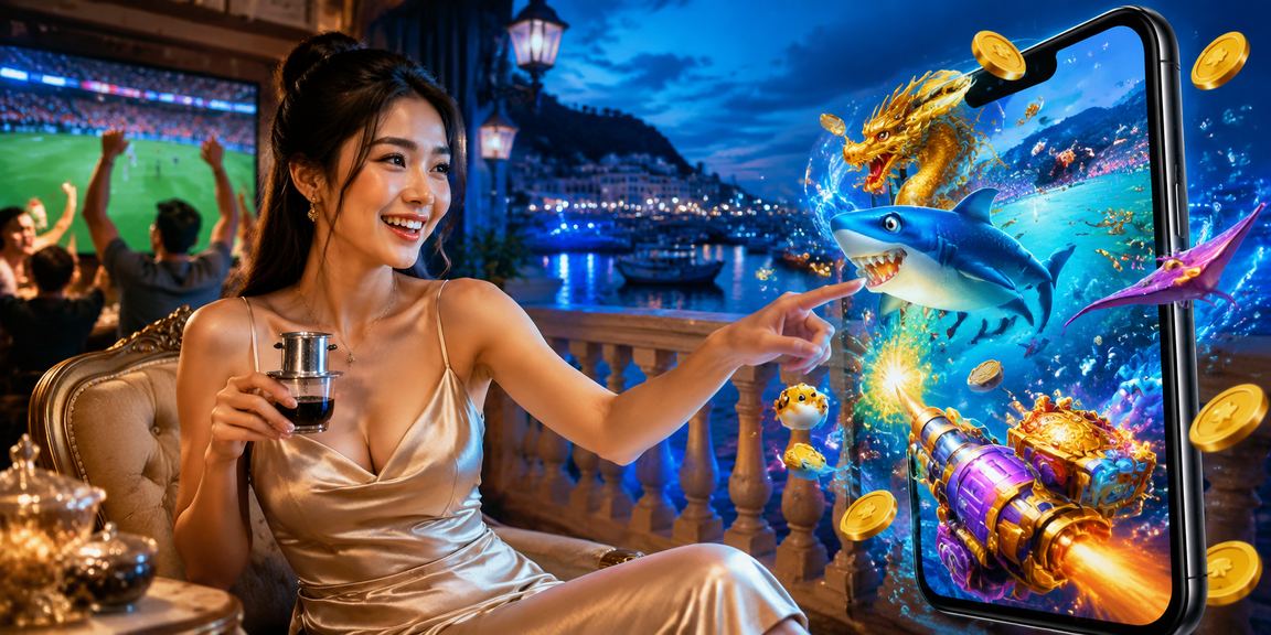 Quán cà phê Đà Lạt với khung cảnh sương mù, người dùng trải nghiệm game bắn cá và jackpot trực tuyến