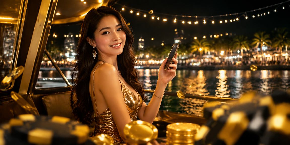 Người dùng chơi slot game trên điện thoại tại bãi biển Phú Quốc buổi chiều nắng